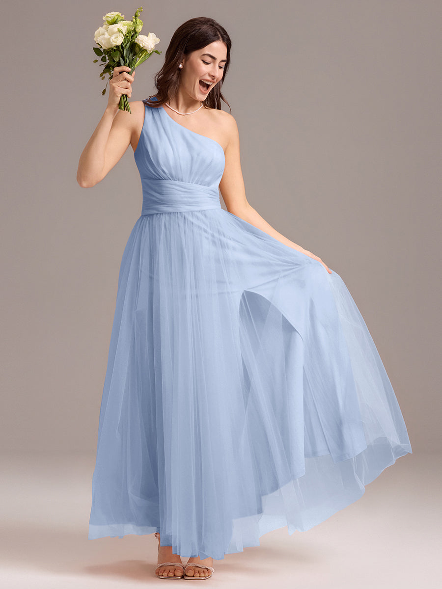Robe de demoiselle d'honneur trapèze asymétrique en tulle à volants #Couleur_Bleu Glace