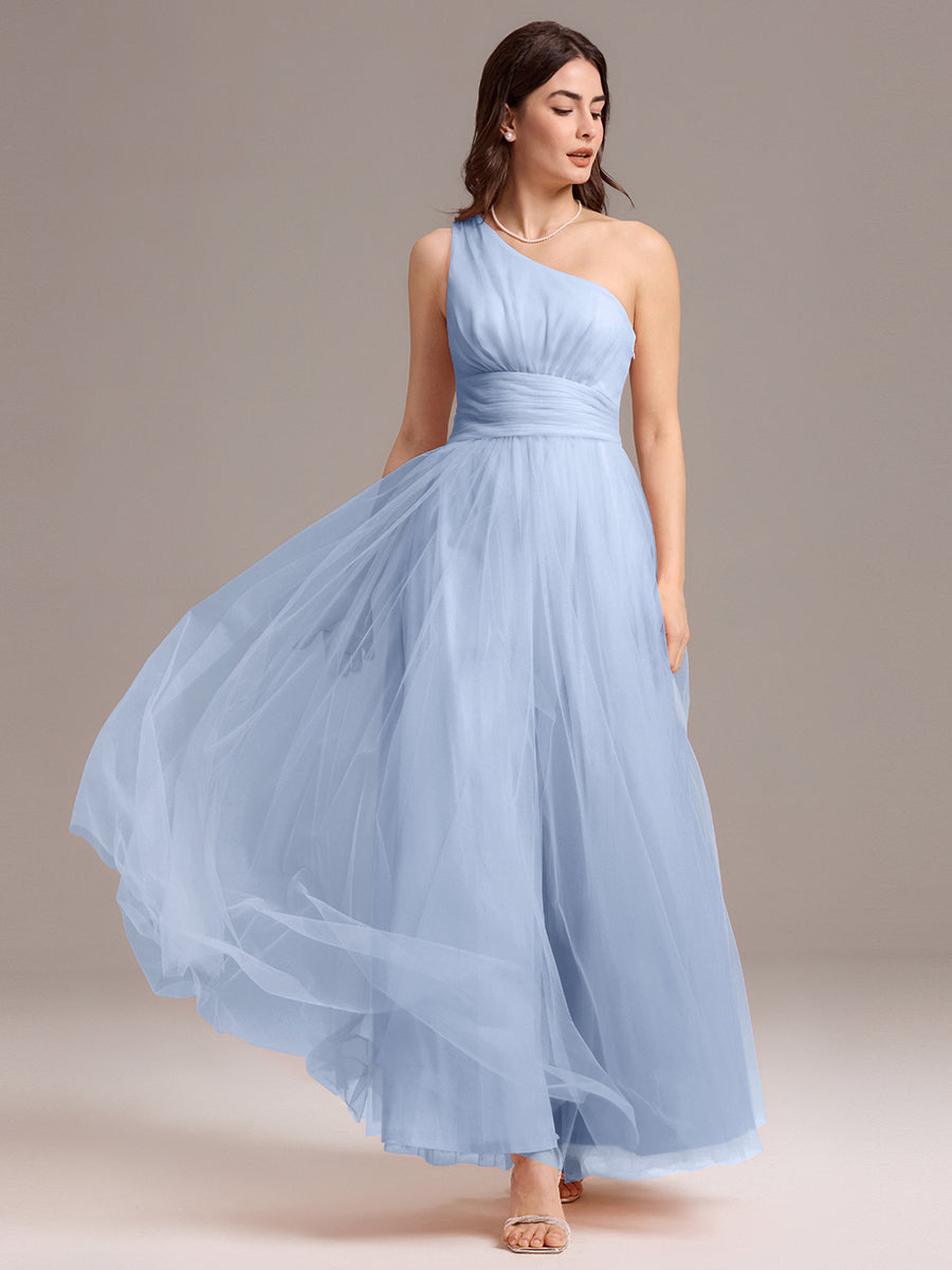 Robe de demoiselle d'honneur trapèze asymétrique en tulle à volants #Couleur_Bleu Glace