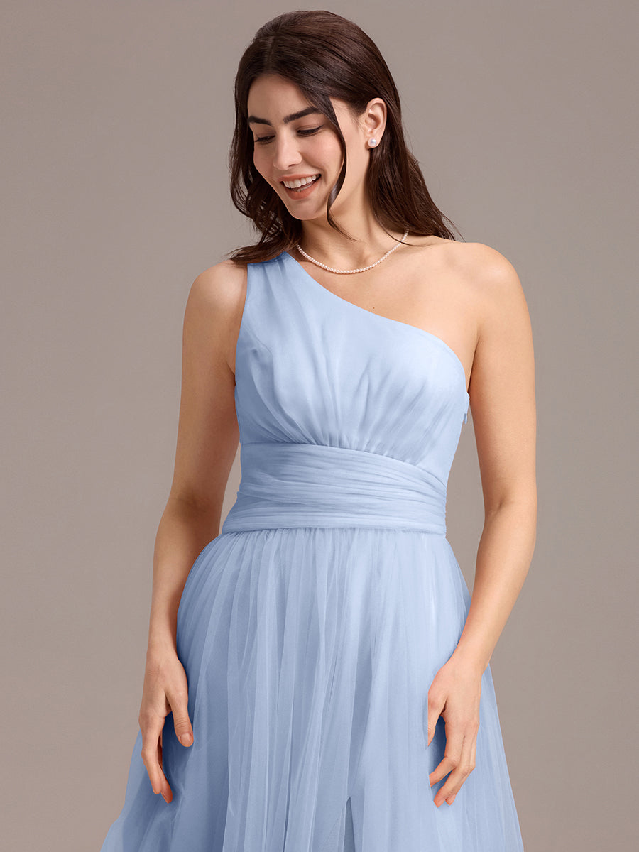 Robe de demoiselle d'honneur trapèze asymétrique en tulle à volants #Couleur_Bleu Glace