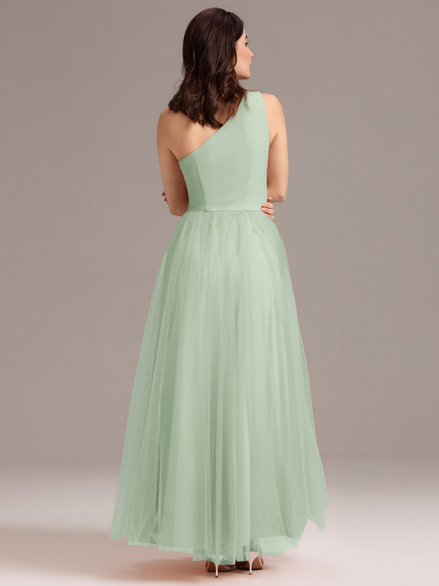 Robe de demoiselle d'honneur trapèze asymétrique en tulle à volants #Couleur_Menthe Verte
