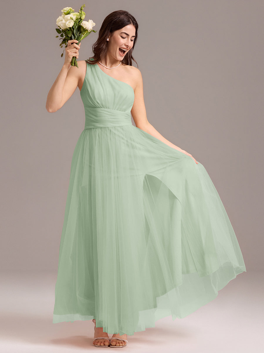 Robe de demoiselle d'honneur trapèze asymétrique en tulle à volants #Couleur_Menthe Verte