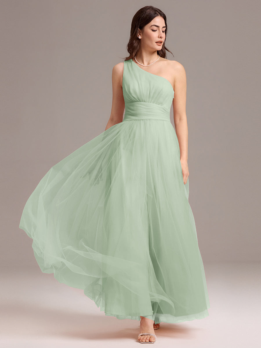 Robe de demoiselle d'honneur trapèze asymétrique en tulle à volants #Couleur_Menthe Verte