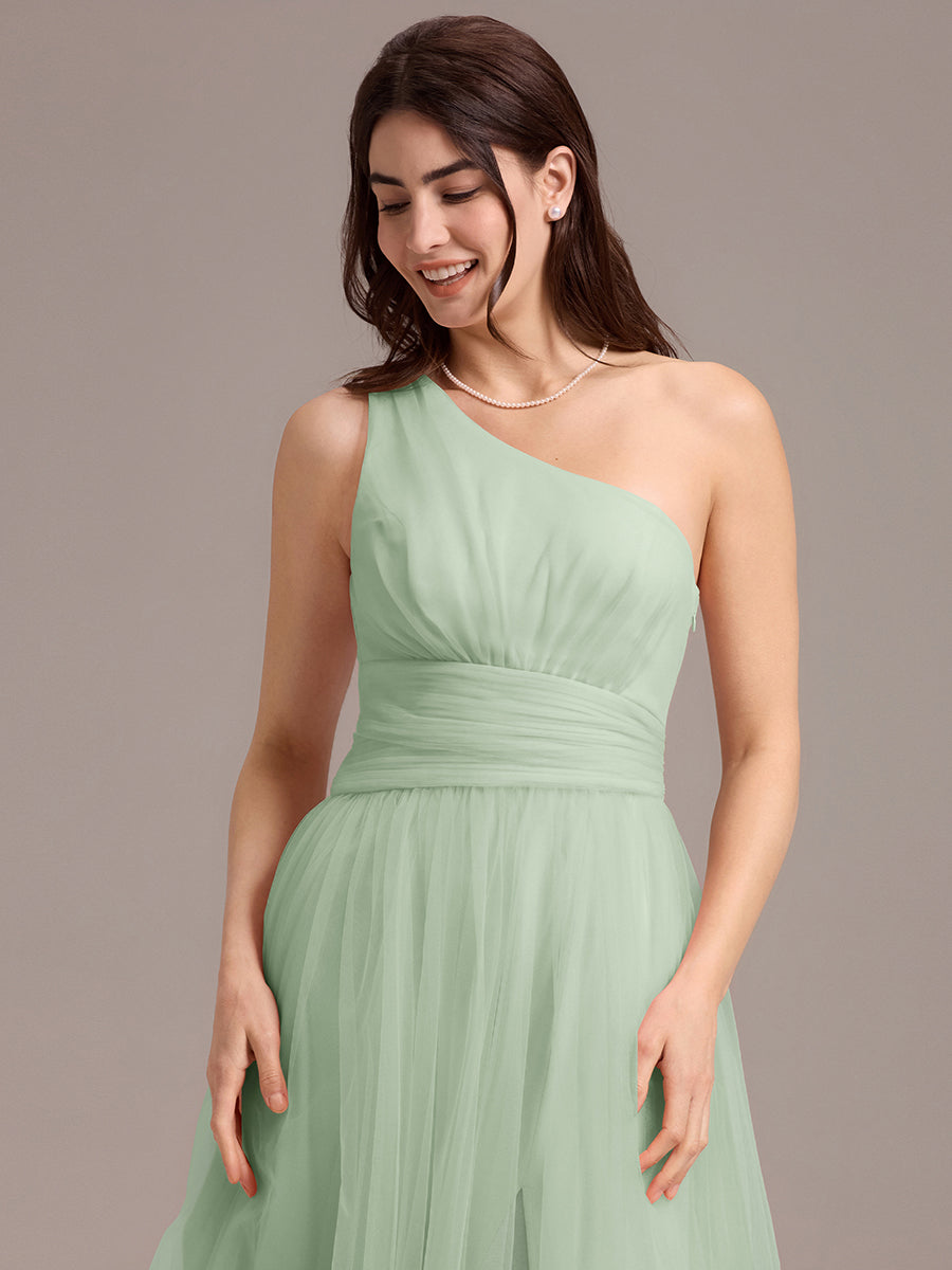 Robe de demoiselle d'honneur trapèze asymétrique en tulle à volants #Couleur_Menthe Verte