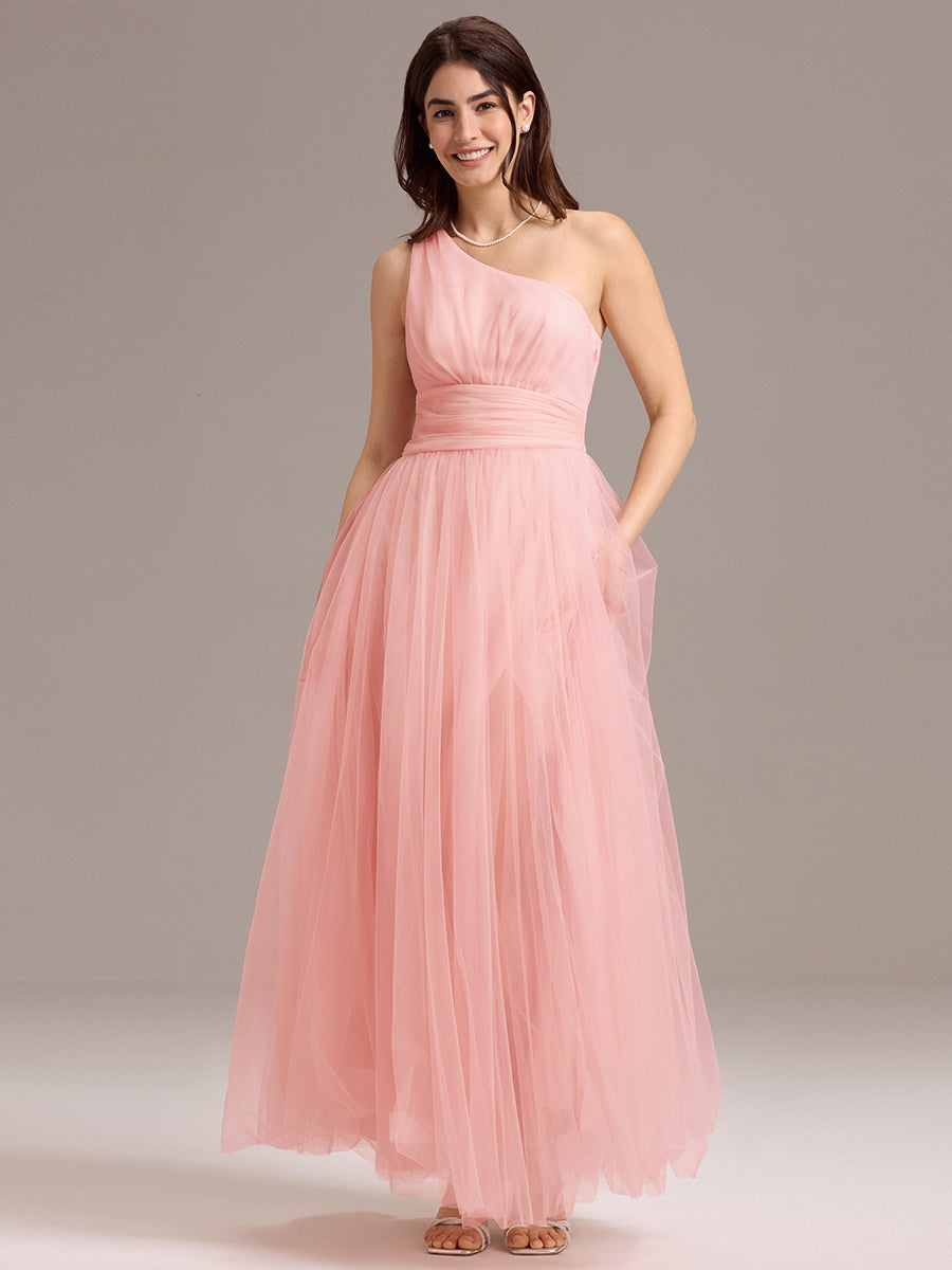 Robe de demoiselle d'honneur trapèze asymétrique en tulle à volants #Couleur_Rose