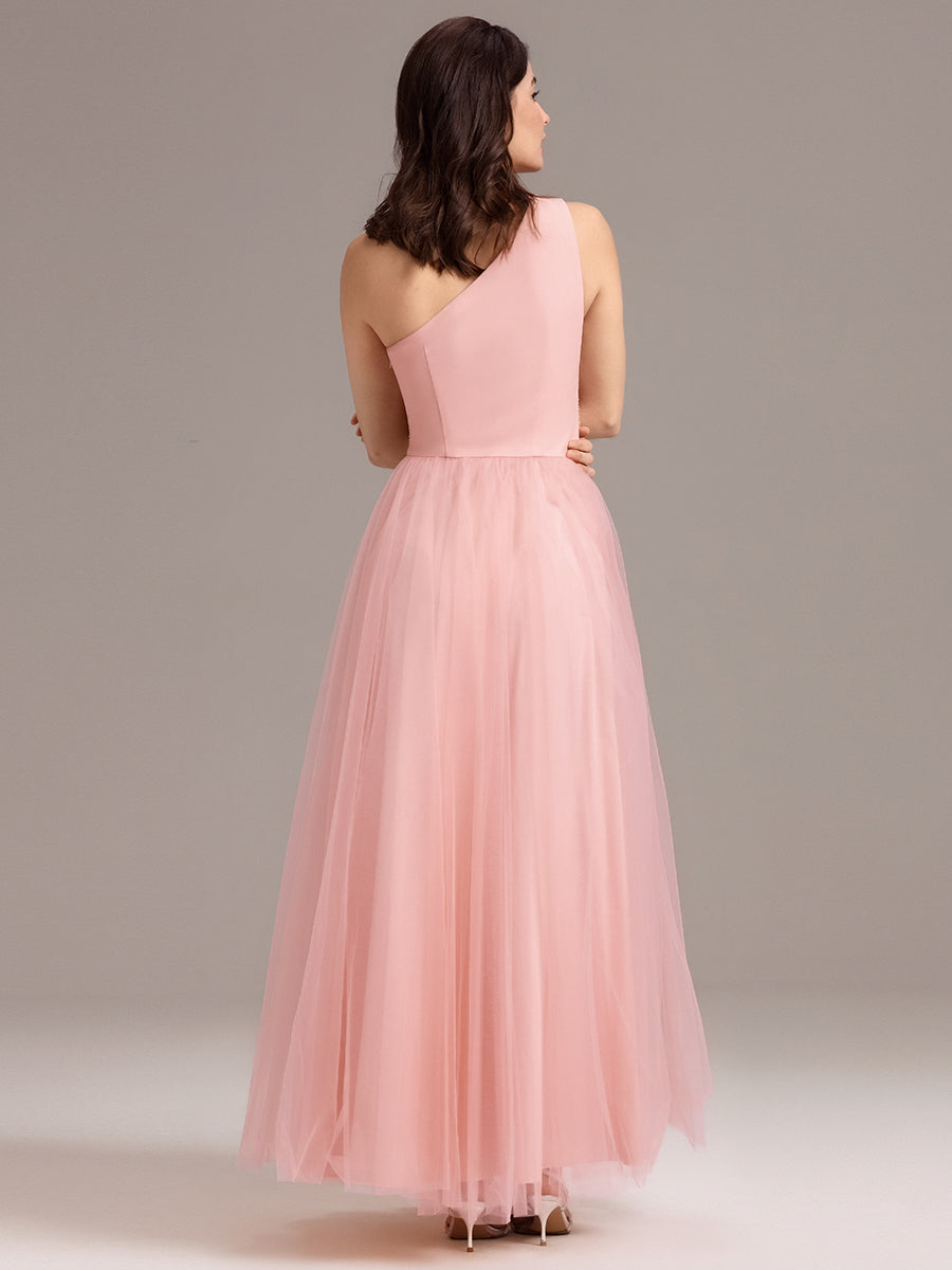 Robe de demoiselle d'honneur trapèze asymétrique en tulle à volants #Couleur_Rose