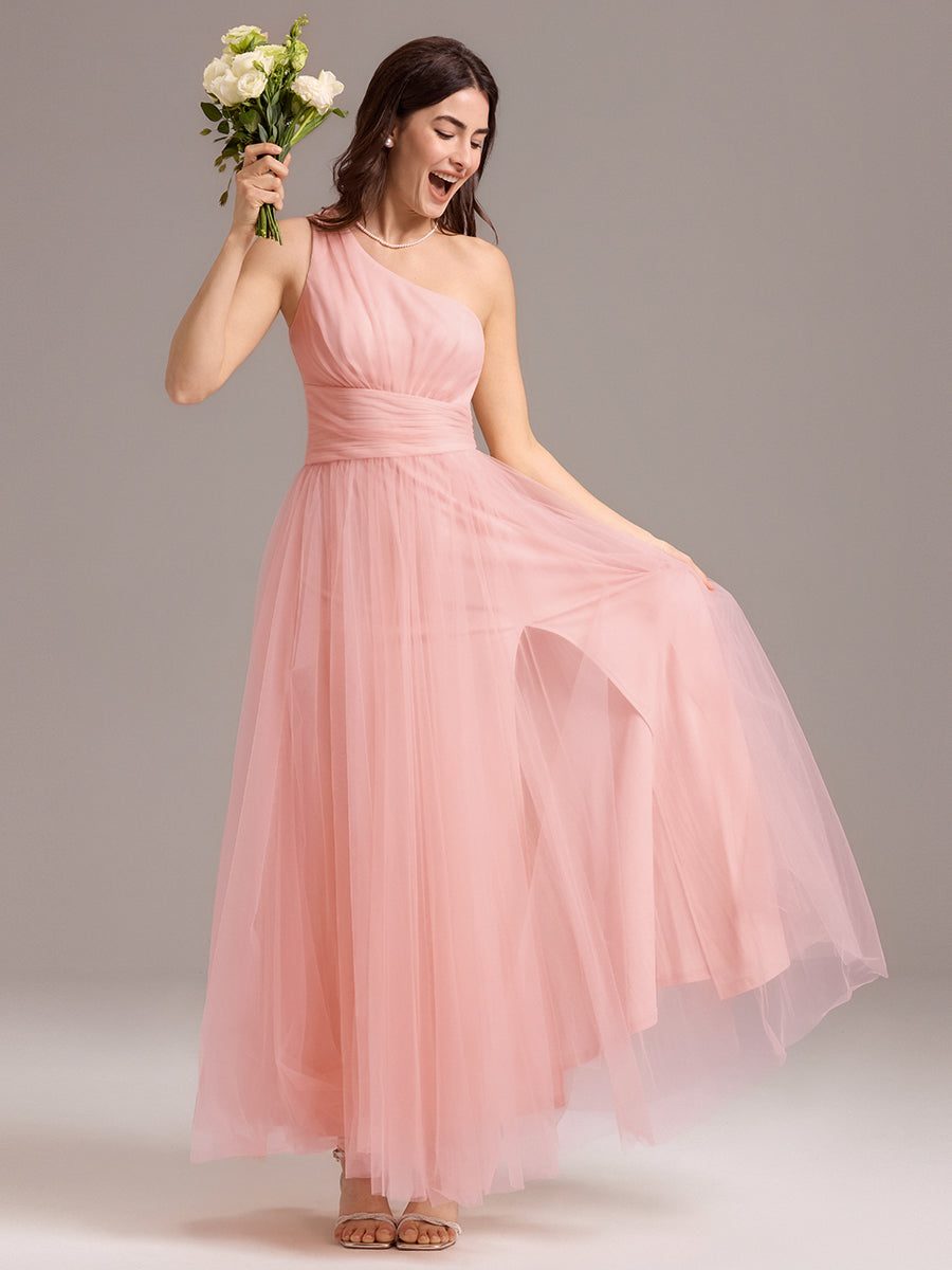 Robe de demoiselle d'honneur trapèze asymétrique en tulle à volants #Couleur_Rose