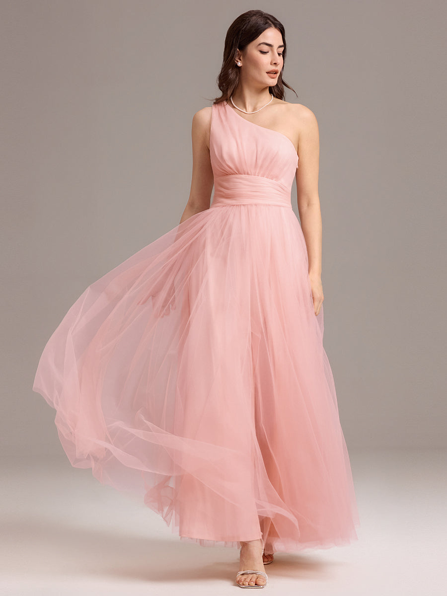 Robe de demoiselle d'honneur trapèze asymétrique en tulle à volants #Couleur_Rose