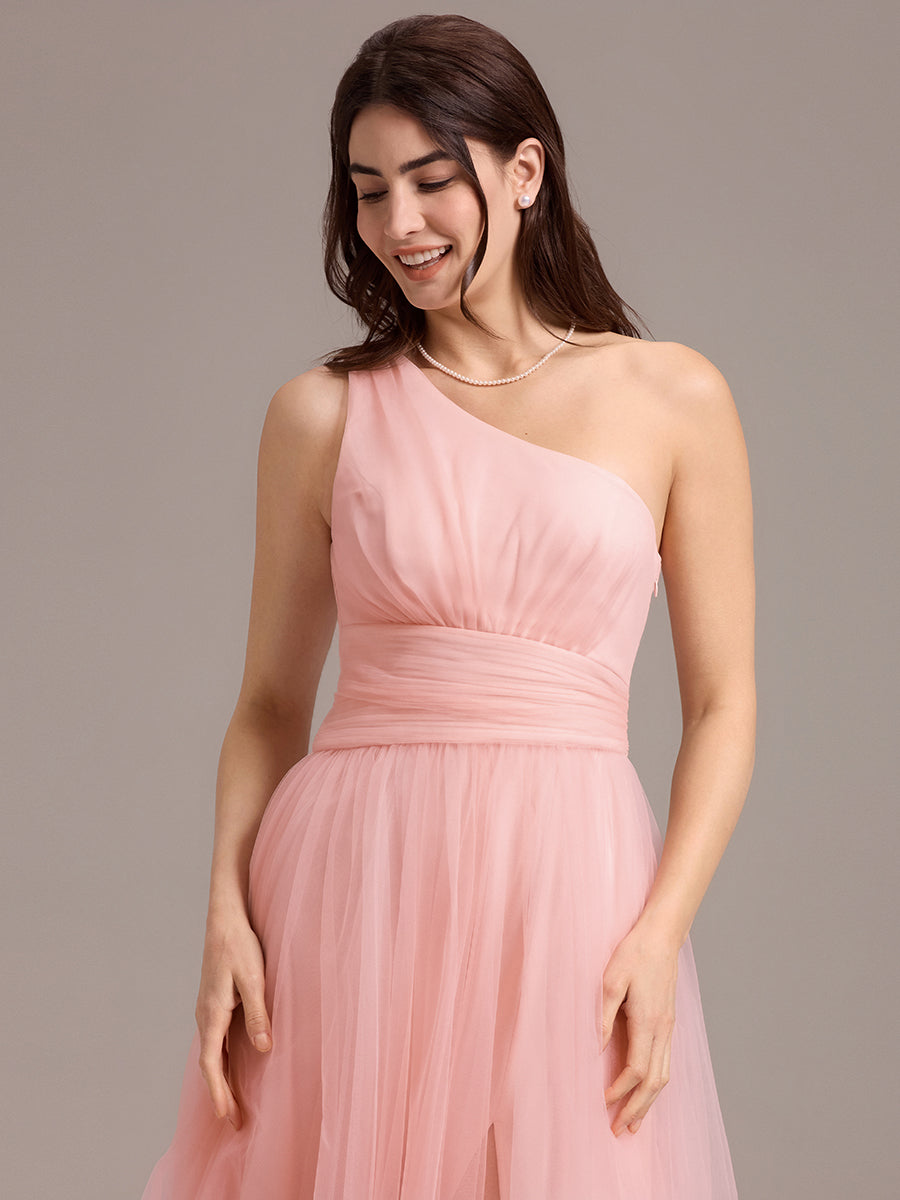 Robe de demoiselle d'honneur trapèze asymétrique en tulle à volants #Couleur_Rose