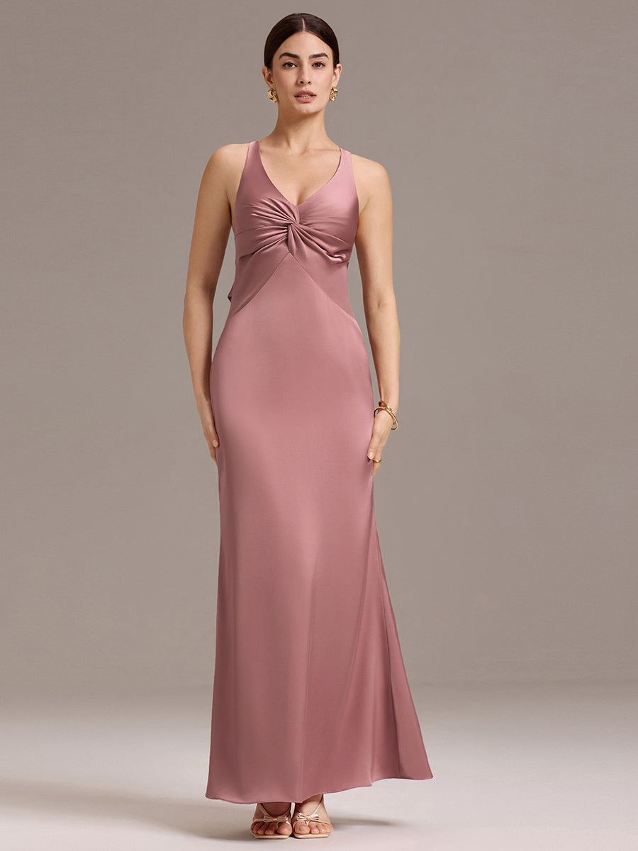 Robe de demoiselle d'honneur longue en satin avec nœud papillon croisé dans le dos #Couleur_Orchidee