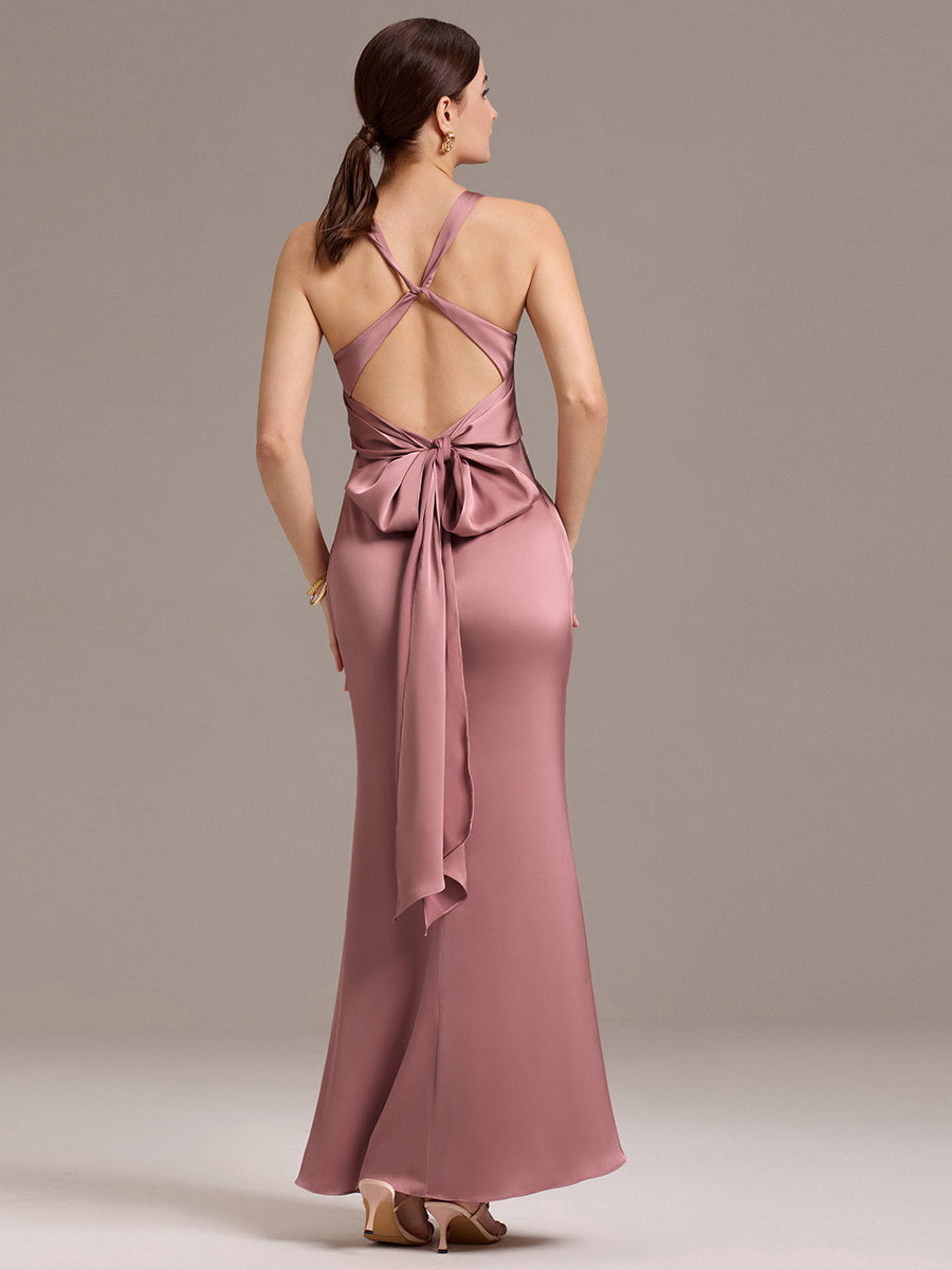 Robe de demoiselle d'honneur longue en satin avec nœud papillon croisé dans le dos #Couleur_Orchidee