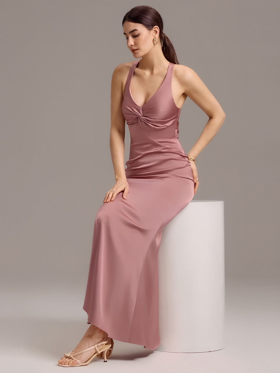 Robe de demoiselle d'honneur longue en satin avec nœud papillon croisé dans le dos #Couleur_Orchidee