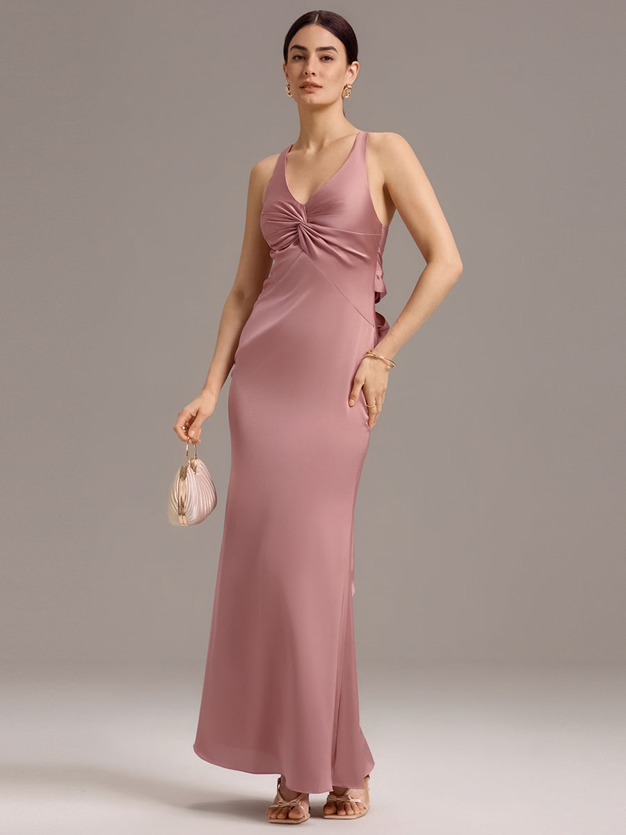 Robe de demoiselle d'honneur longue en satin avec nœud papillon croisé dans le dos #Couleur_Orchidee