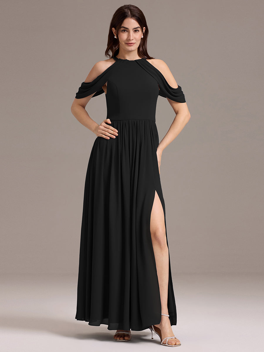 Robe de demoiselle d'honneur longue en mousseline à épaules dénudées et fente haute #Couleur_Noir