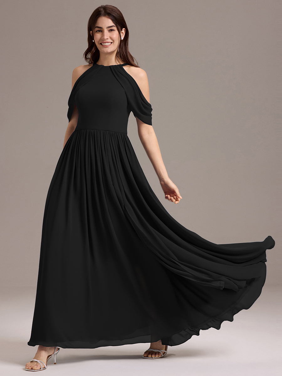 Robe de demoiselle d'honneur longue en mousseline à épaules dénudées et fente haute #Couleur_Noir