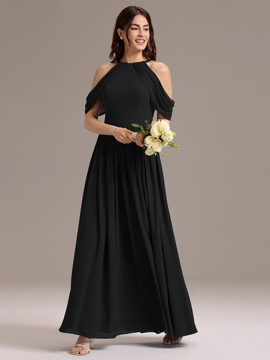 Robe de demoiselle d'honneur longue en mousseline à épaules dénudées et fente haute #Couleur_Noir
