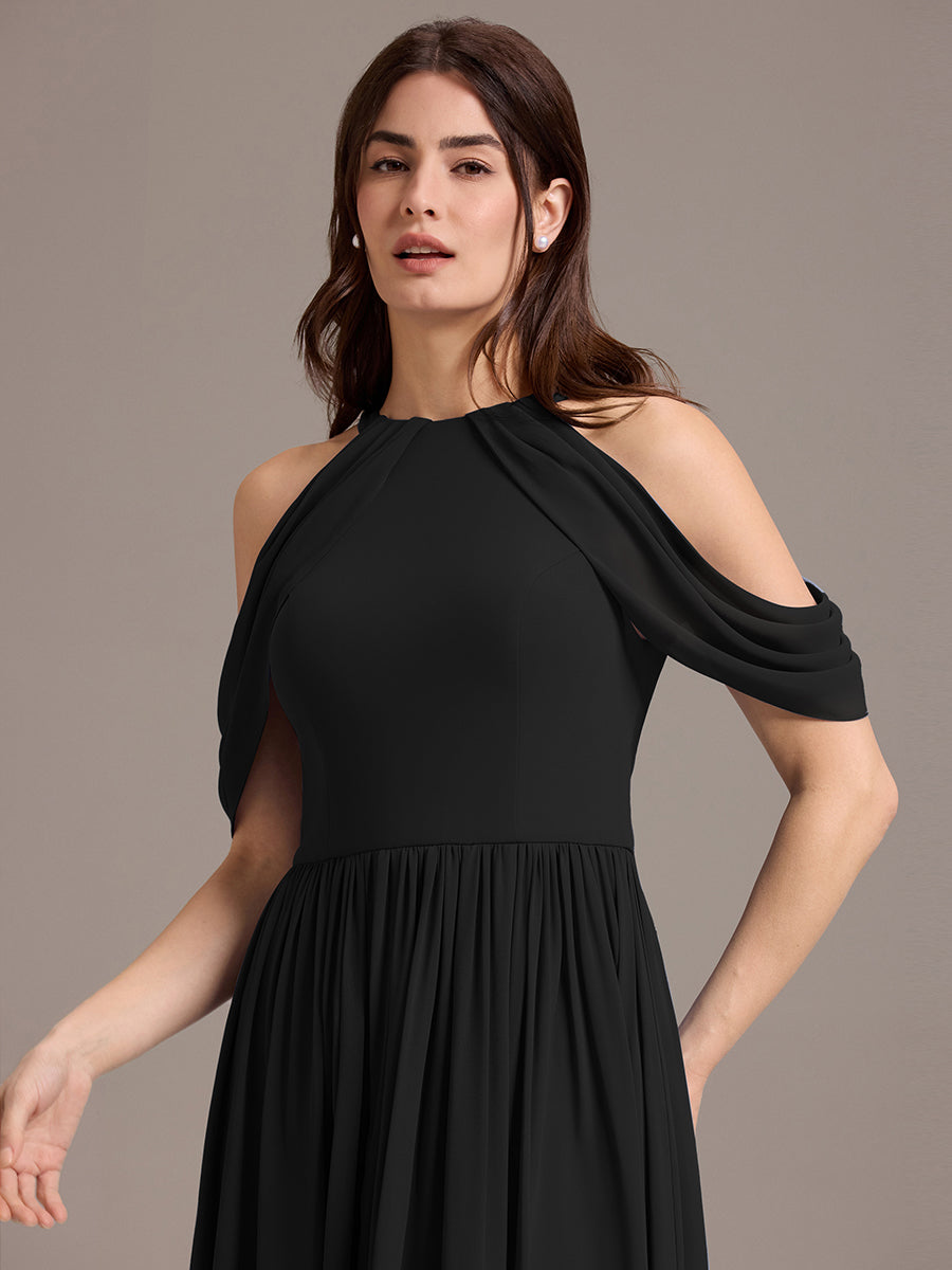 Robe de demoiselle d'honneur longue en mousseline à épaules dénudées et fente haute #Couleur_Noir