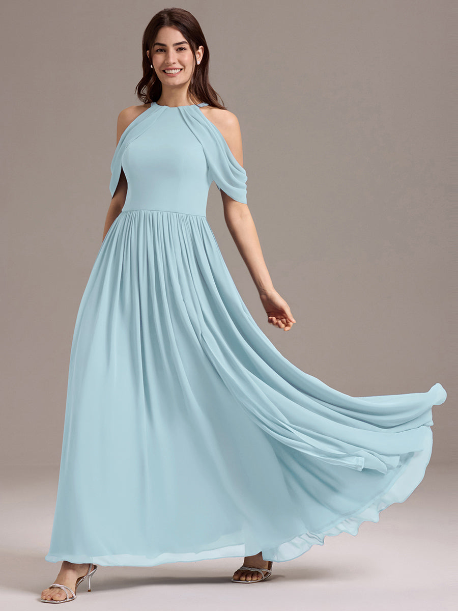 Robe de demoiselle d'honneur longue en mousseline à épaules dénudées et fente haute #Couleur_Bleu Ciel