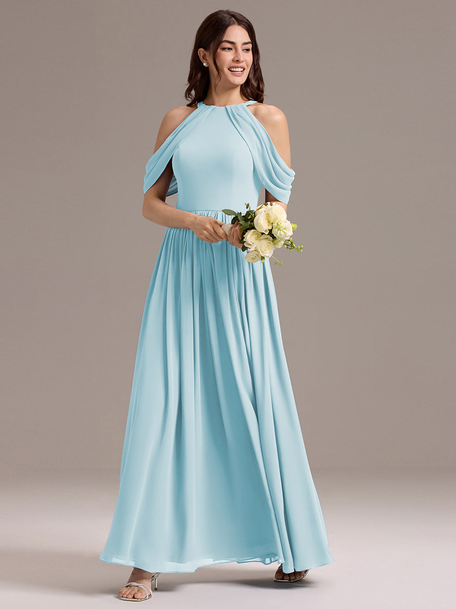 Robe de demoiselle d'honneur longue en mousseline à épaules dénudées et fente haute #Couleur_Bleu Ciel
