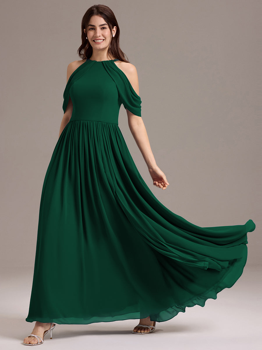 Robe de demoiselle d'honneur longue en mousseline à épaules dénudées et fente haute #Couleur_Vert Fonce