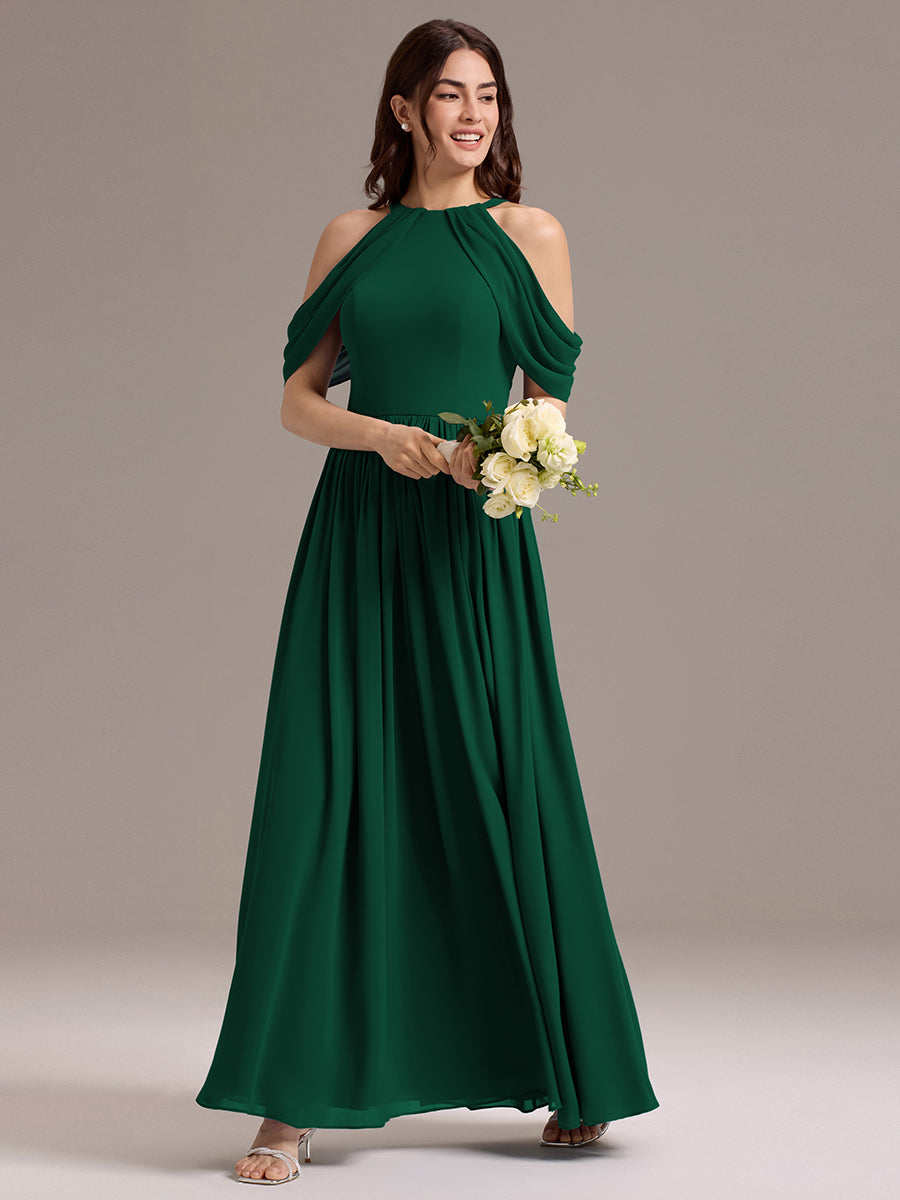 Robe de demoiselle d'honneur longue en mousseline à épaules dénudées et fente haute #Couleur_Vert Fonce