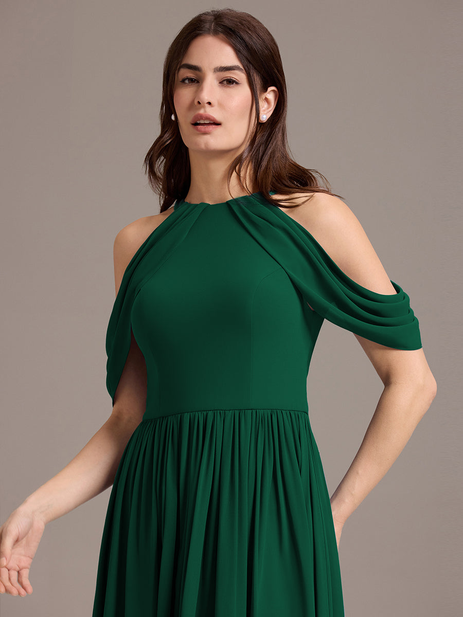 Robe de demoiselle d'honneur longue en mousseline à épaules dénudées et fente haute #Couleur_Vert Fonce