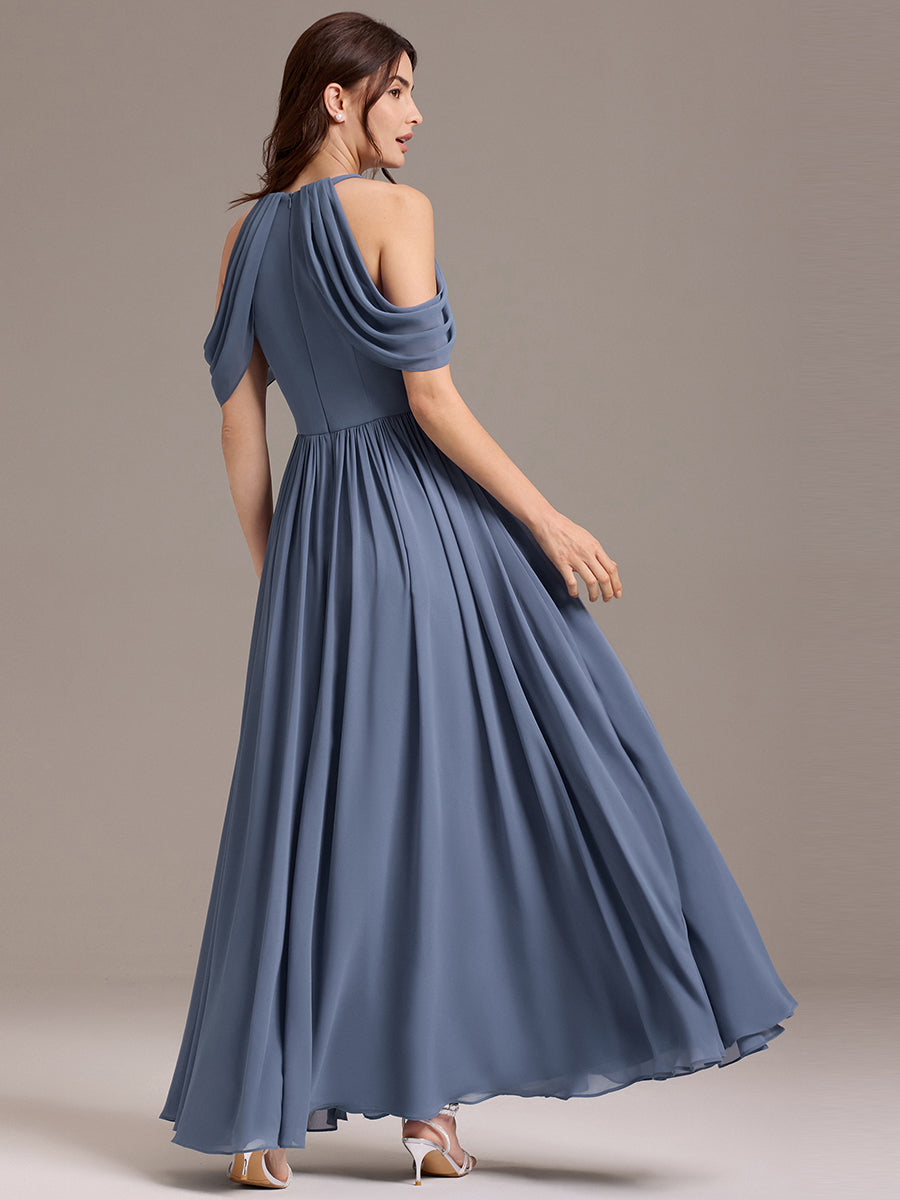 Robe de demoiselle d'honneur longue en mousseline à épaules dénudées et fente haute #Couleur_Marine Fume