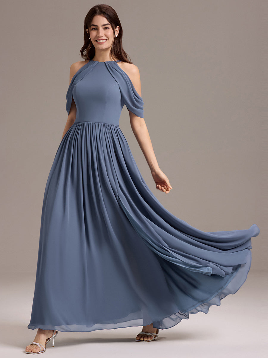 Robe de demoiselle d'honneur longue en mousseline à épaules dénudées et fente haute #Couleur_Marine Fume