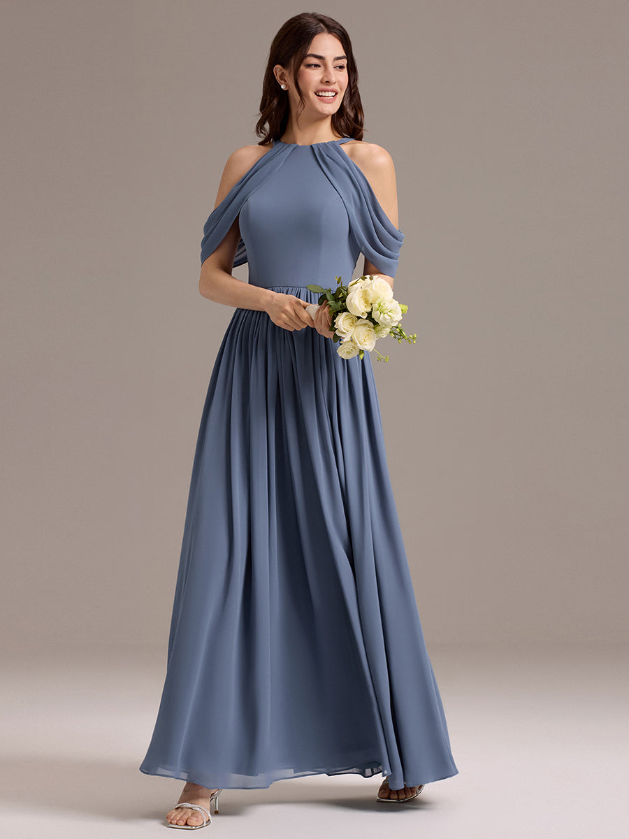 Robe de demoiselle d'honneur longue en mousseline à épaules dénudées et fente haute #Couleur_Marine Fume