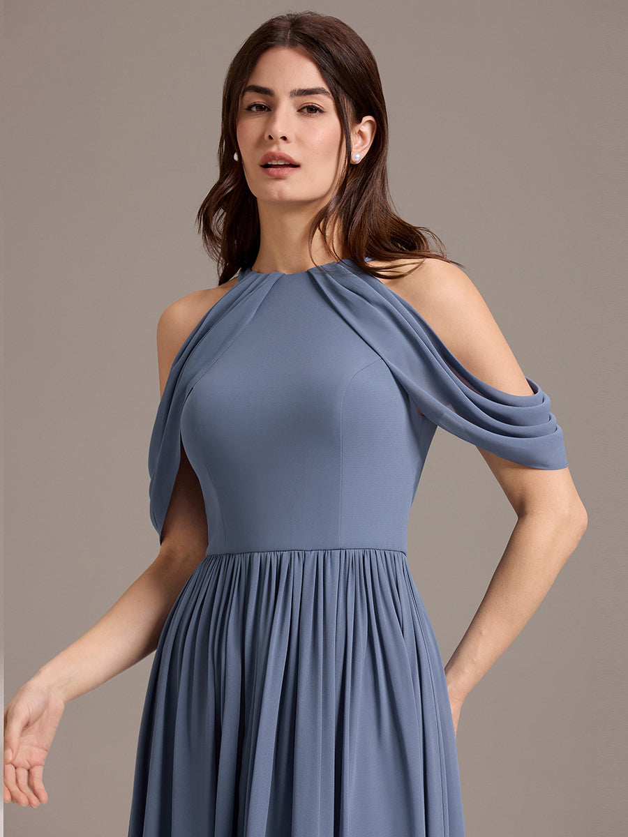 Robe de demoiselle d'honneur longue en mousseline à épaules dénudées et fente haute #Couleur_Marine Fume