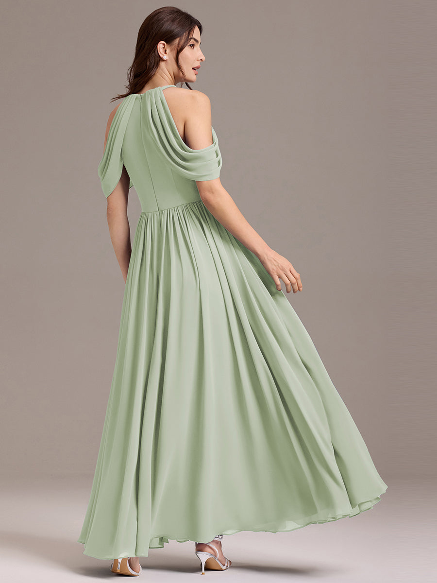 Robe de demoiselle d'honneur longue en mousseline à épaules dénudées et fente haute #Couleur_Menthe Verte