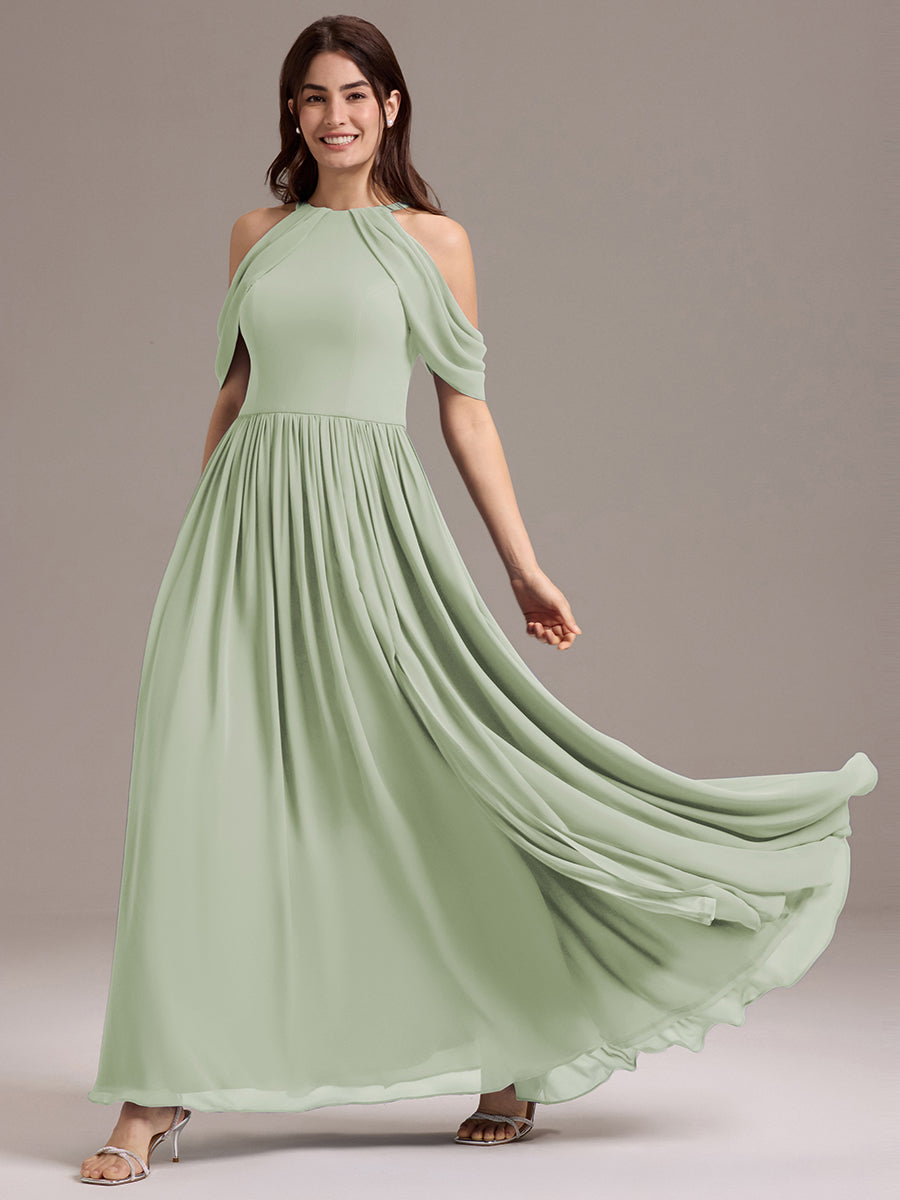 Robe de demoiselle d'honneur longue en mousseline à épaules dénudées et fente haute #Couleur_Menthe Verte
