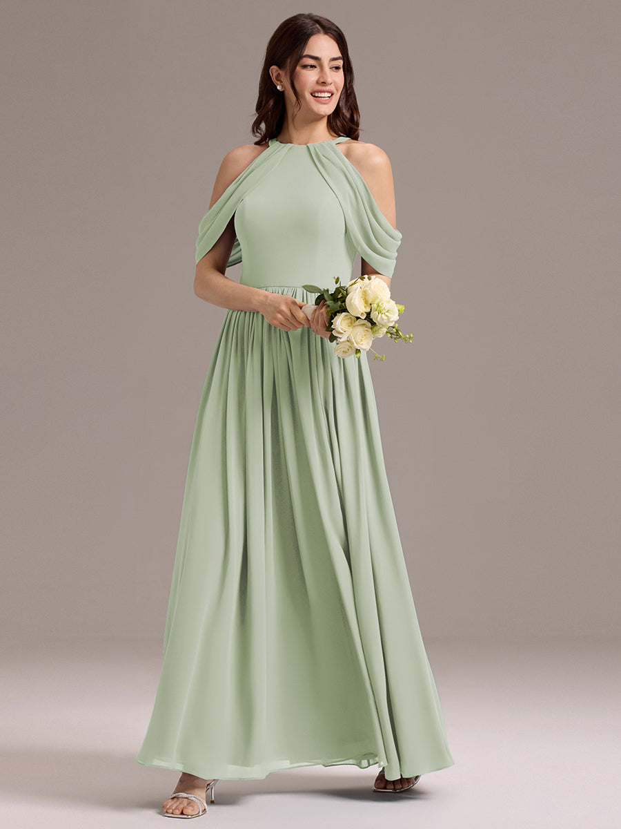 Robe de demoiselle d'honneur longue en mousseline à épaules dénudées et fente haute #Couleur_Menthe Verte