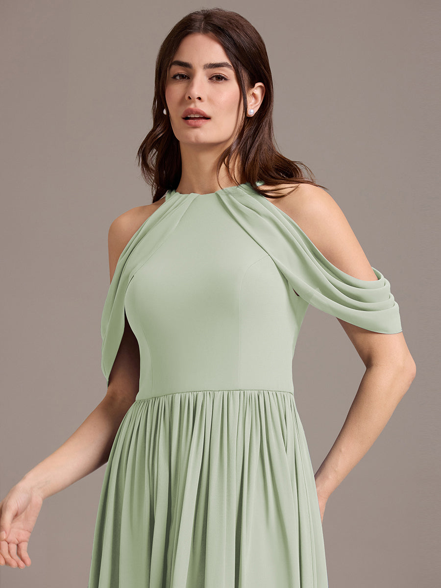 Robe de demoiselle d'honneur longue en mousseline à épaules dénudées et fente haute #Couleur_Menthe Verte