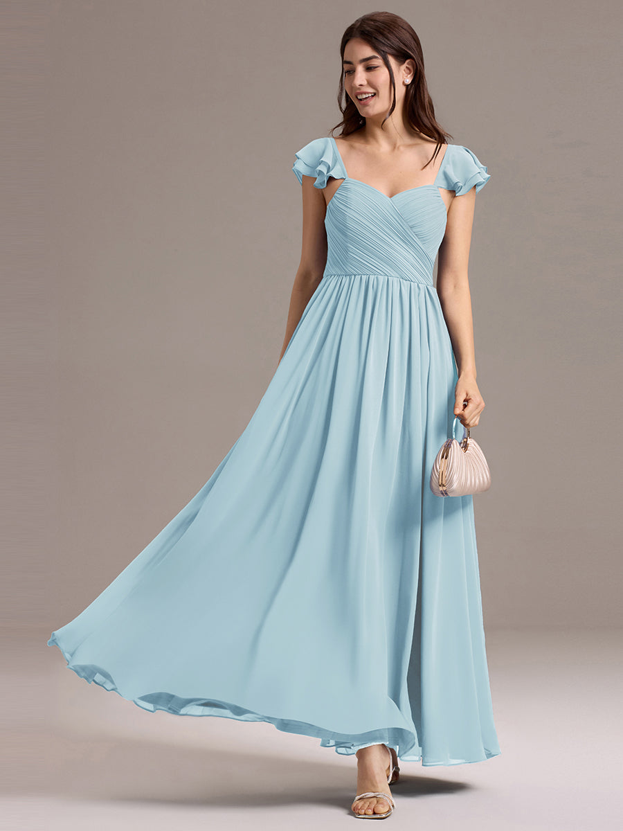 Robe de demoiselle d'honneur longue en mousseline de soie à col en cœur et volants #Couleur_Bleu Ciel