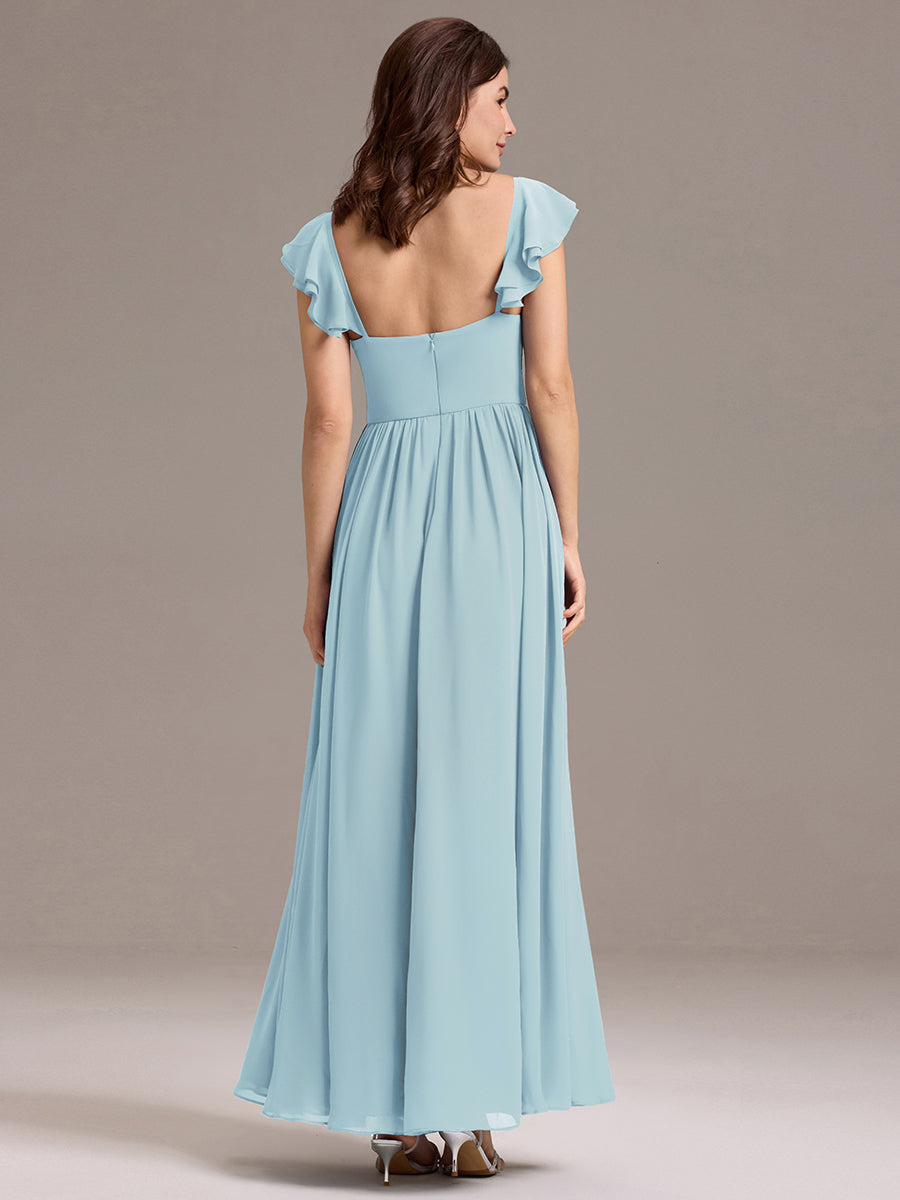 Robe de demoiselle d'honneur longue en mousseline de soie à col en cœur et volants #Couleur_Bleu Ciel