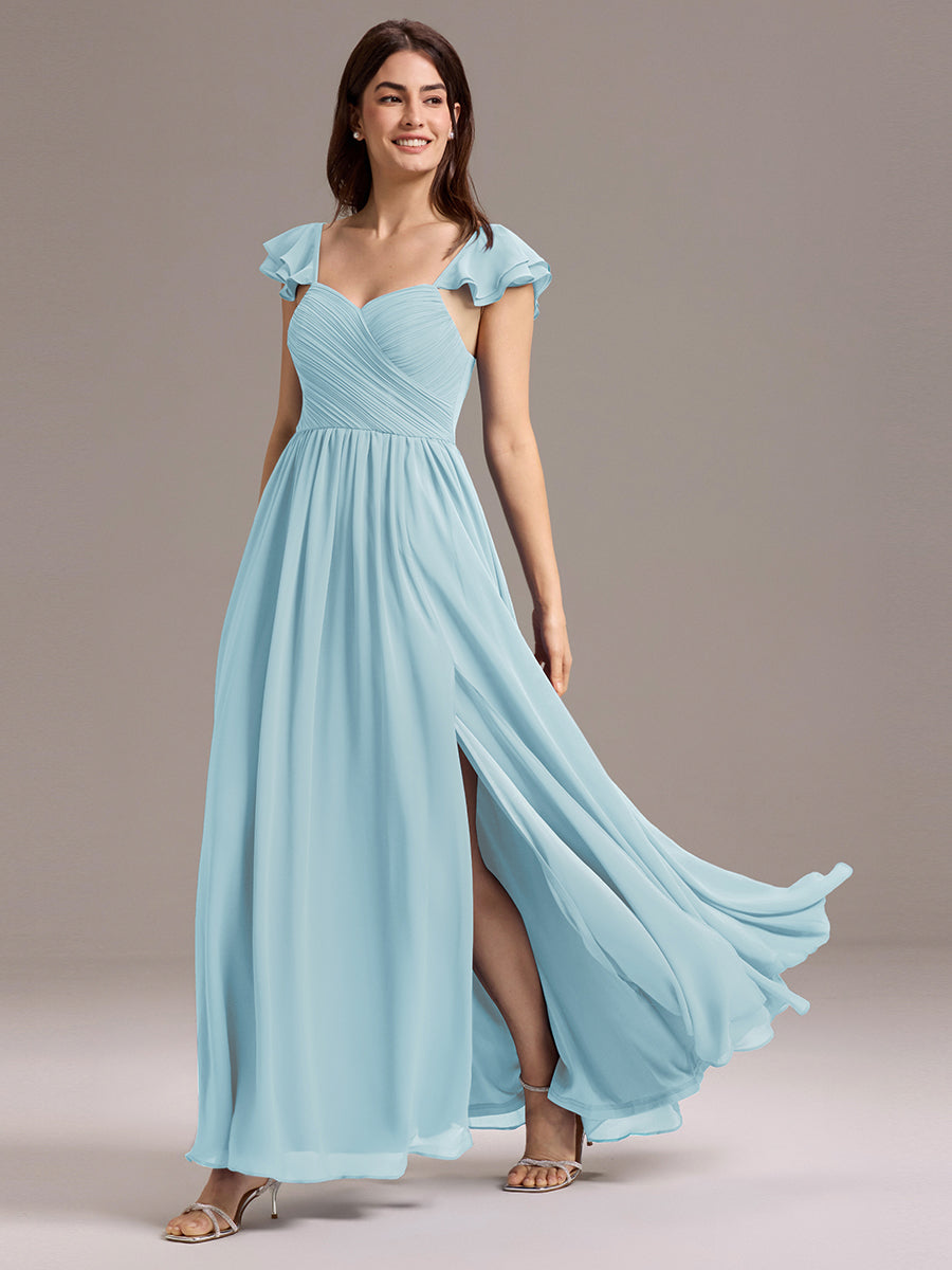 Robe de demoiselle d'honneur longue en mousseline de soie à col en cœur et volants #Couleur_Bleu Ciel