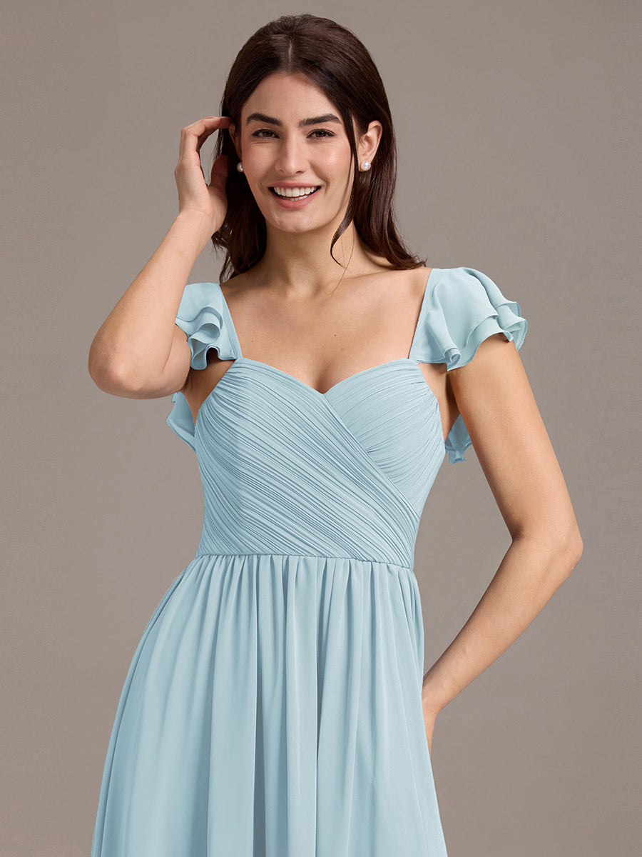 Robe de demoiselle d'honneur longue en mousseline de soie à col en cœur et volants #Couleur_Bleu Ciel