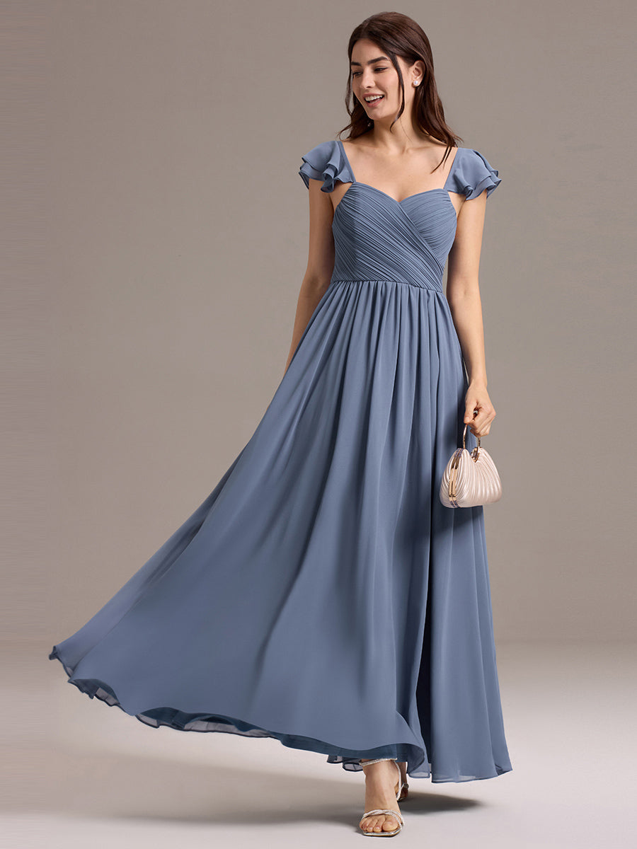 Robe de demoiselle d'honneur longue en mousseline de soie à col en cœur et volants #Couleur_Marine Fume