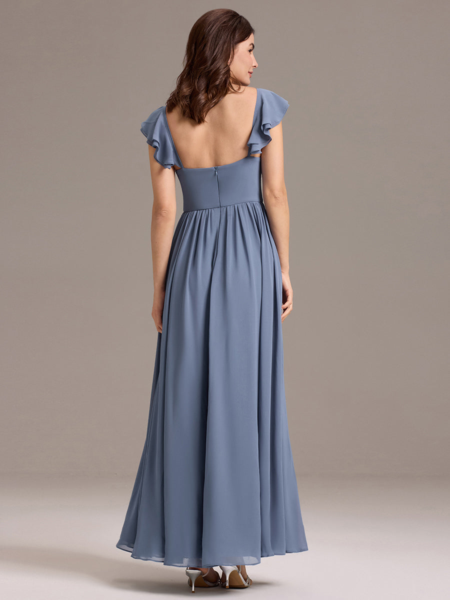 Robe de demoiselle d'honneur longue en mousseline de soie à col en cœur et volants #Couleur_Marine Fume