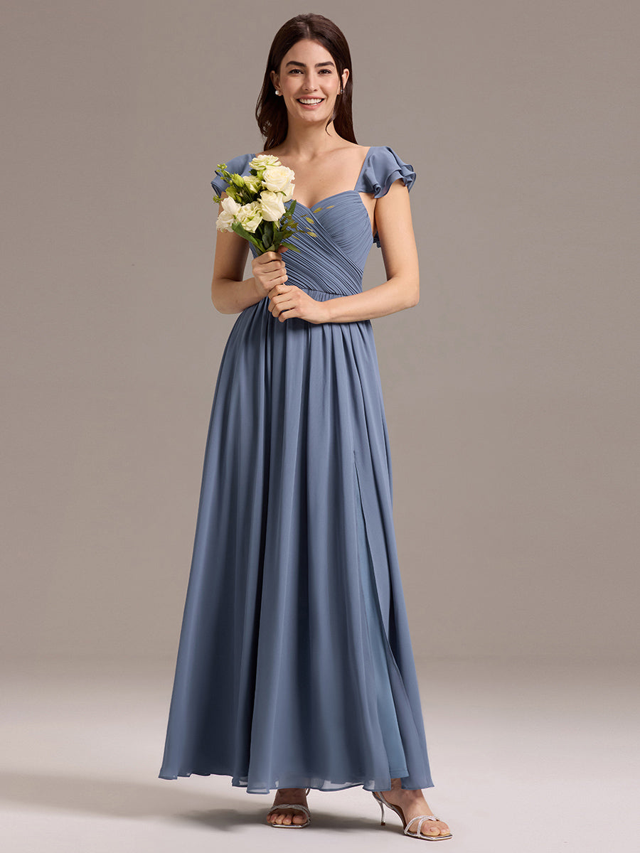 Robe de demoiselle d'honneur longue en mousseline de soie à col en cœur et volants #Couleur_Marine Fume