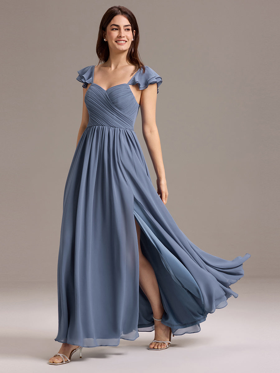 Robe de demoiselle d'honneur longue en mousseline de soie à col en cœur et volants #Couleur_Marine Fume
