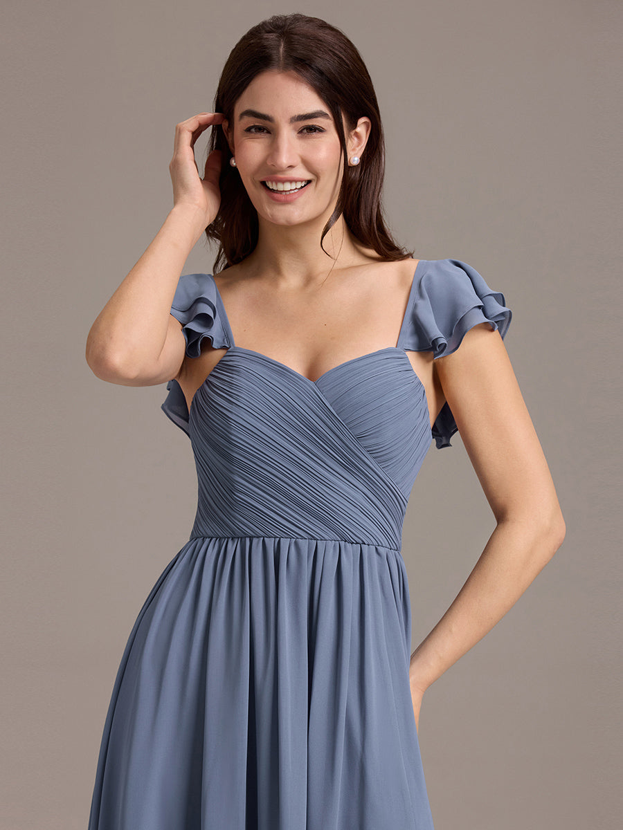 Robe de demoiselle d'honneur longue en mousseline de soie à col en cœur et volants #Couleur_Marine Fume