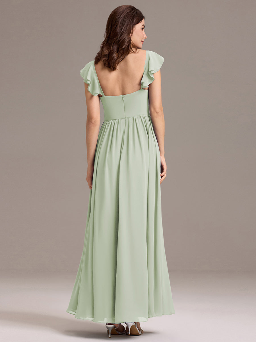 Robe de demoiselle d'honneur longue en mousseline de soie à col en cœur et volants #Couleur_Menthe Verte