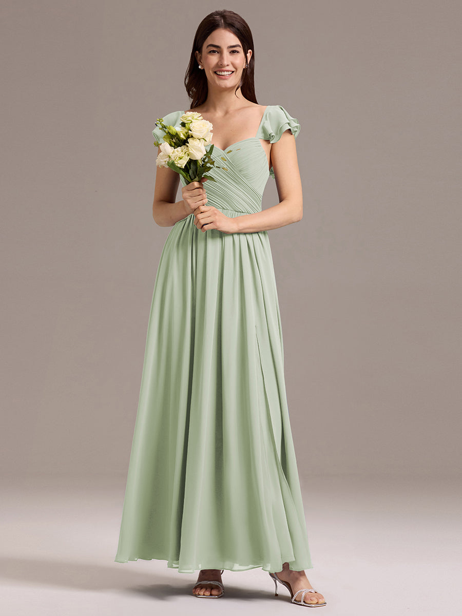 Robe de demoiselle d'honneur longue en mousseline de soie à col en cœur et volants #Couleur_Menthe Verte