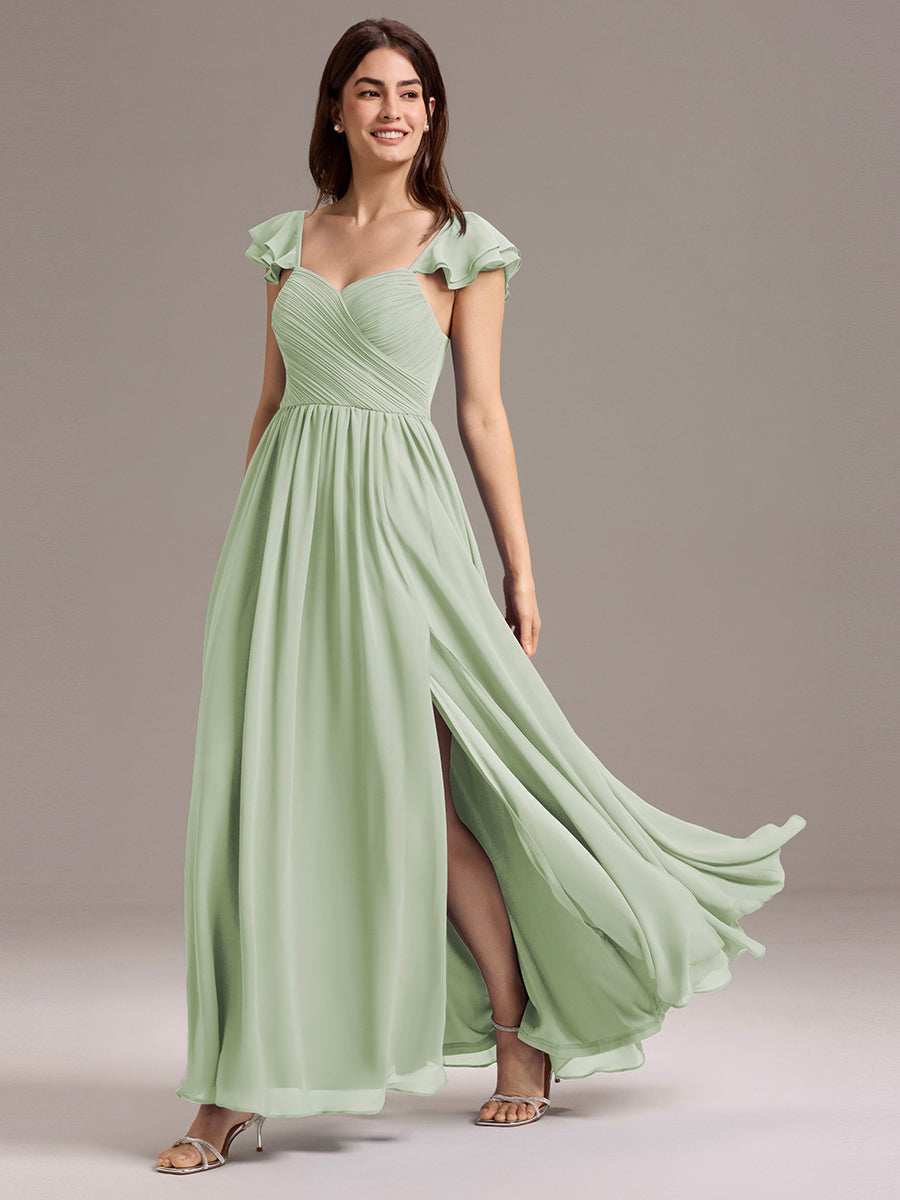 Robe de demoiselle d'honneur longue en mousseline de soie à col en cœur et volants #Couleur_Menthe Verte