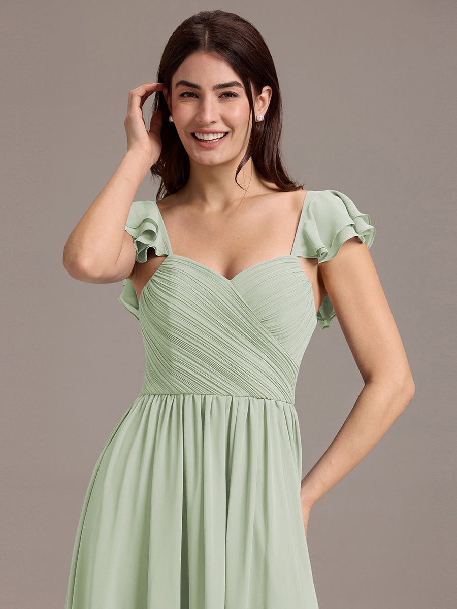 Robe de demoiselle d'honneur longue en mousseline de soie à col en cœur et volants #Couleur_Menthe Verte