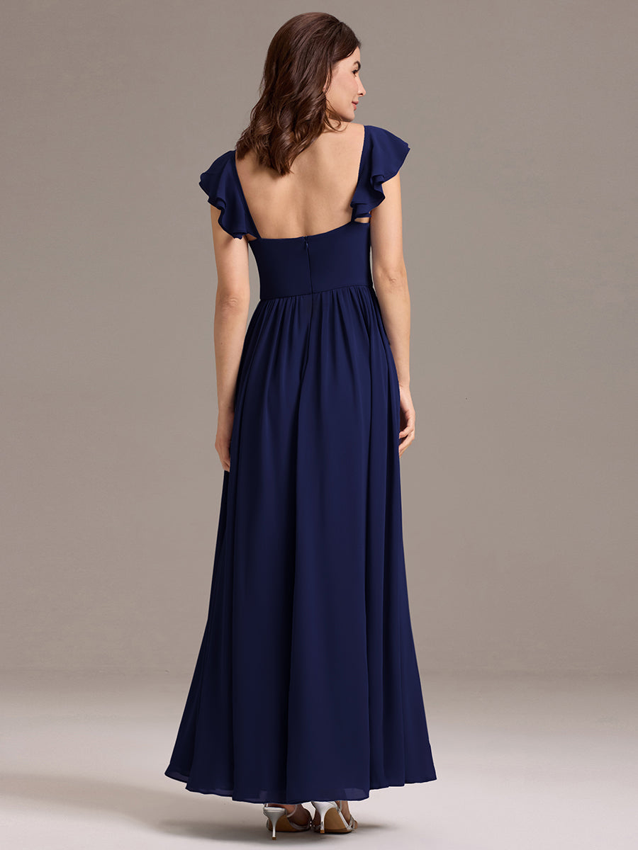 Robe de demoiselle d'honneur longue en mousseline de soie à col en cœur et volants #Couleur_Bleu Marine