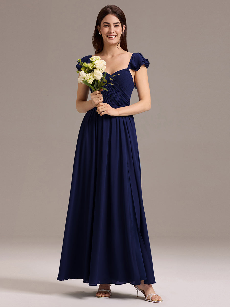 Robe de demoiselle d'honneur longue en mousseline de soie à col en cœur et volants #Couleur_Bleu Marine