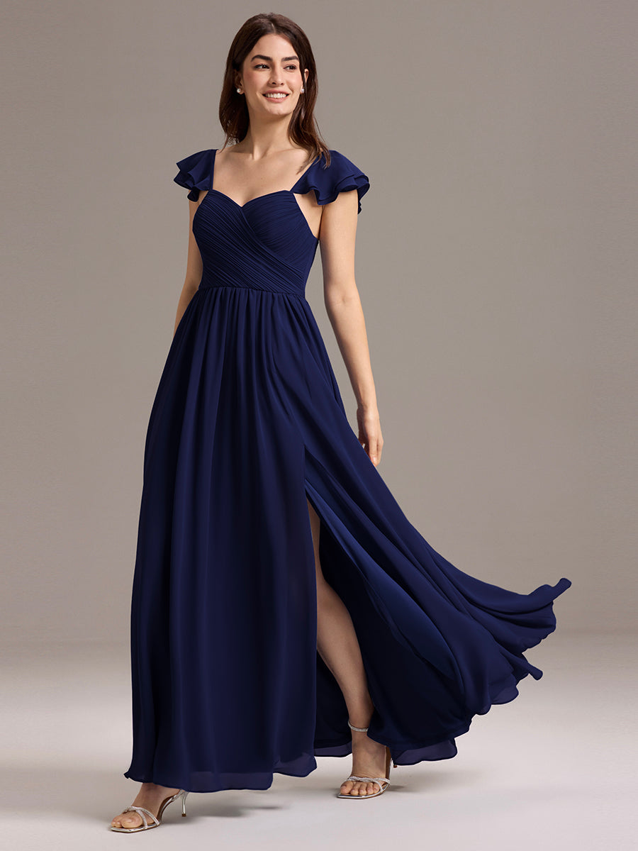 Robe de demoiselle d'honneur longue en mousseline de soie à col en cœur et volants #Couleur_Bleu Marine