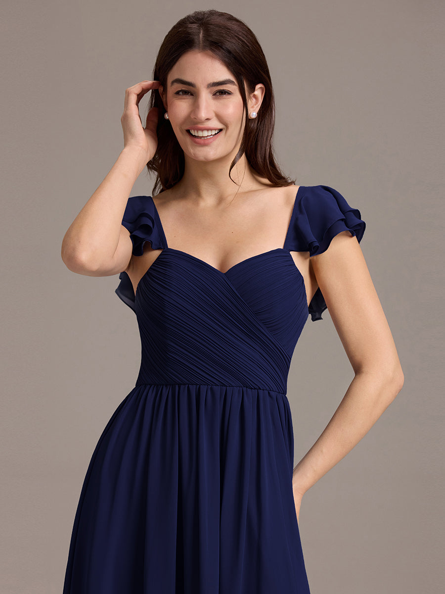 Robe de demoiselle d'honneur longue en mousseline de soie à col en cœur et volants #Couleur_Bleu Marine